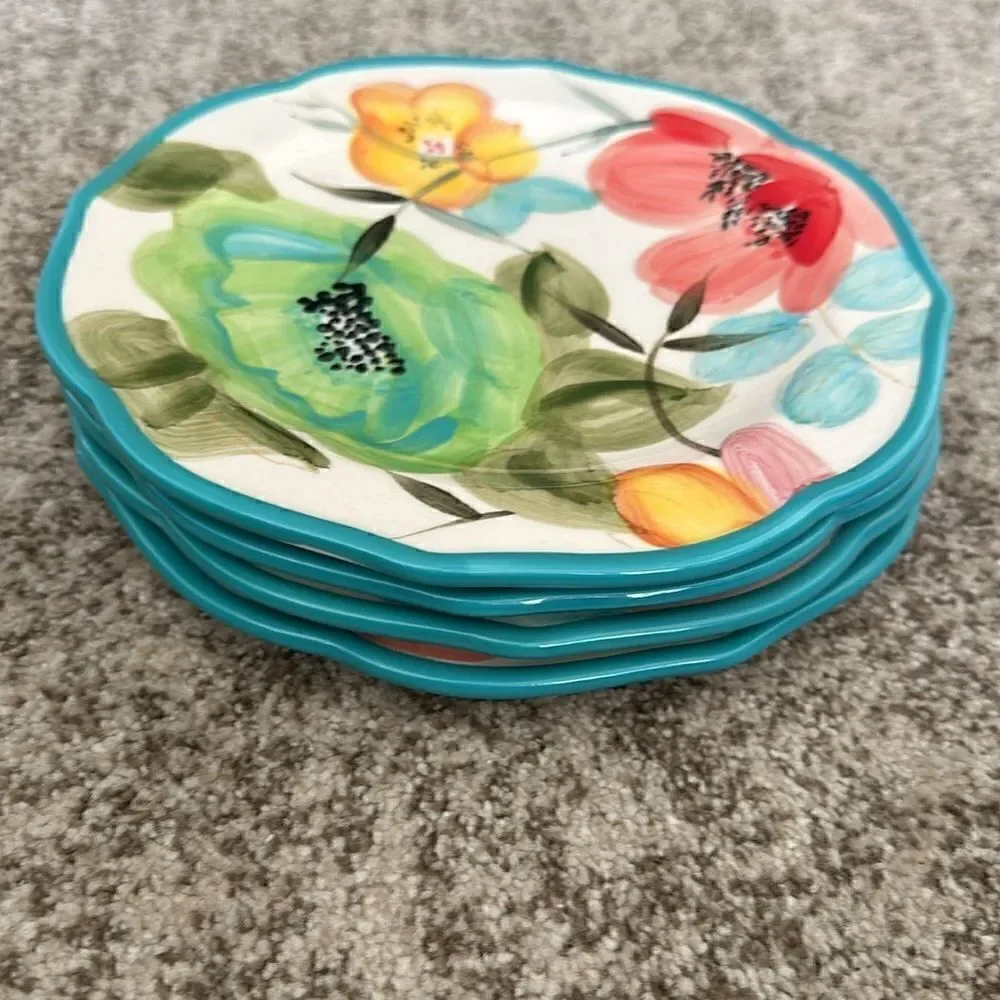 The Pioneer Woman Teal Hyacinth VTG Stoneware Salad Plates (4)